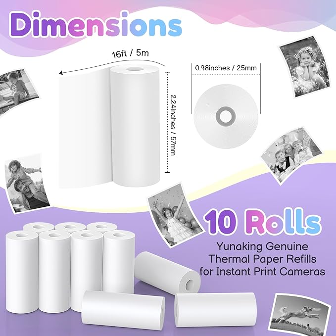 10 Rolls Kids Camera Paper Roll Refill - Yunaking Instant Print Camera for Kids Refill Print Paper Thermal Printing Papers Rolls for Most Kid Instant Cameras (57X25mm - White)