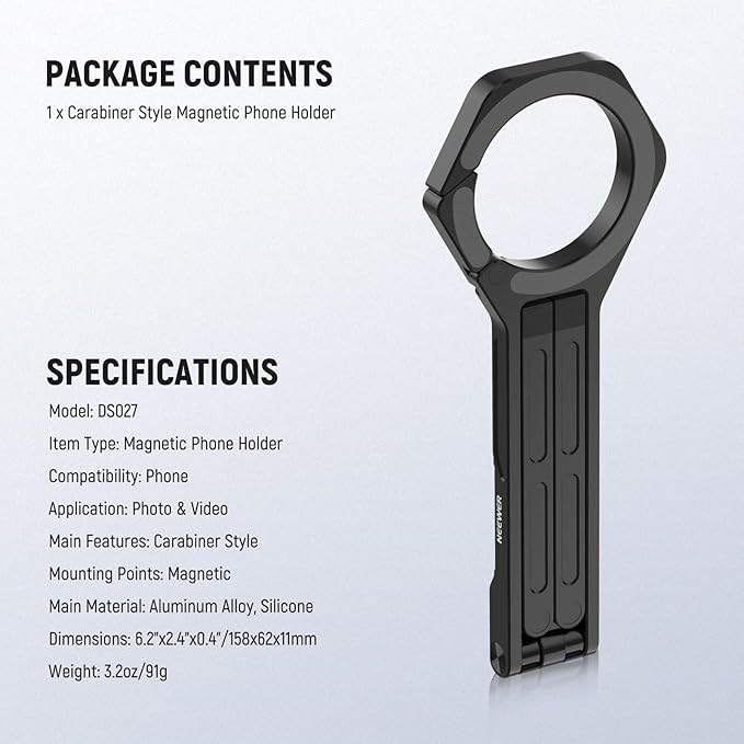 NEEWER Magnetic Phone Tripod Stand, Metal Lightweight Portable Cell Phone Holder Desk Mount Selfie Stick Grip Carabiner Style Quick Release, Compatible with MagSafe iPhone for Video Recording, DS027