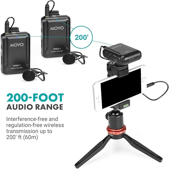 Movo WMX-1-DUO 2.4GHz Dual Wireless Lavalier Microphone System, Compatible with DSLR Cameras, Camcorders, iPhone, Android Smartphones, and Tablets, 200ft Audio Range, Great for Teaching Tutorials