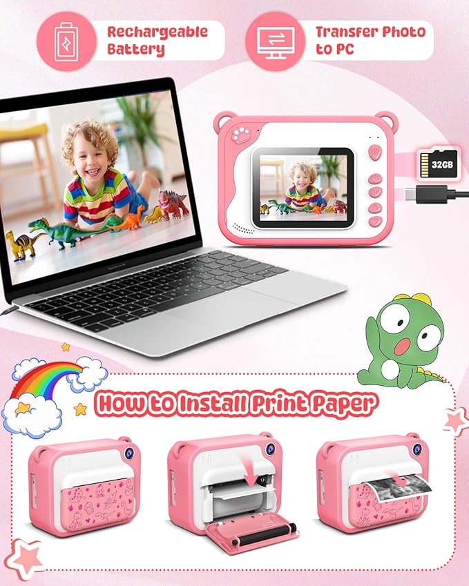 Kids Instant Print Camera for Toddlers - Ink Free Printing, Dinosaur Design, Perfect for Boys & Girls Aged 3-12 (Pink)