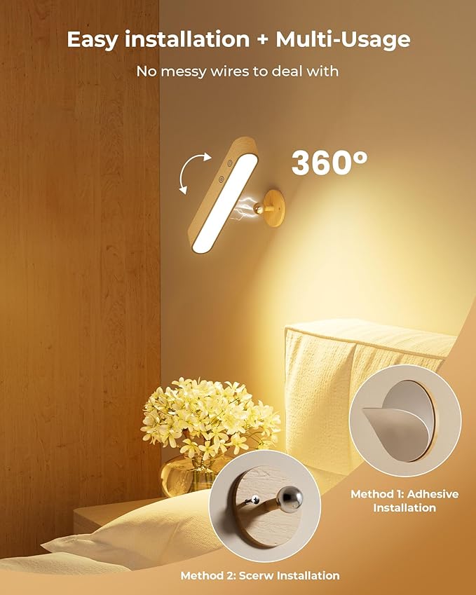 7500 mAh Rechargeable Wood Wall Sconce for Bedroom, LED Wall Light with Remote Control and Touch, 360° Magnetic Rotation, 3 Colours, Dimmable Wooden LED Wall Lamp with 15 RGB Colors,1 Pack