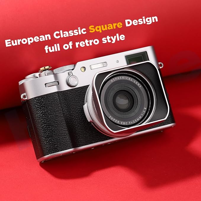Haoge LH-X200S Square Metal Lens Hood with 49mm Adapter Ring Metal Cap for Fujifilm X100VI x-100vi x100v x100f x100t x100s Fuji Photo Camera Accessories Silver