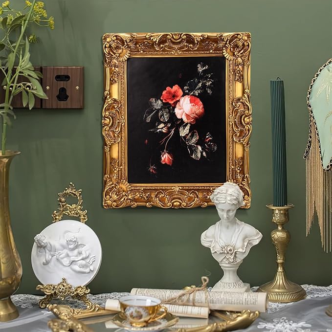 12x16 Picture Frame with Oil Painting, Antique Gold European Style for Wall Decor, Baroque-Style Home Decor Large Picture Frame with Real Glass, Ready to Hang