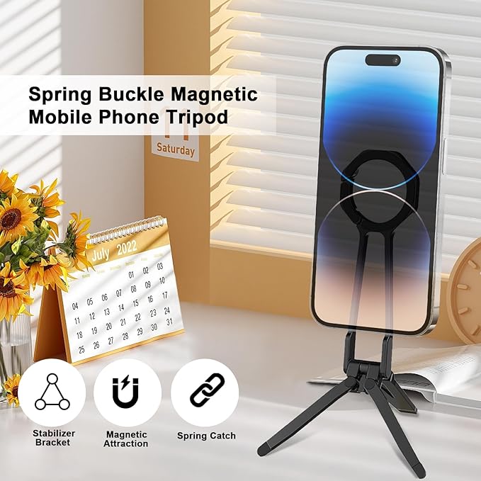 Foldable Magnetic Phone Tripod for iPhone, Mini Tripod Pocket Cell Phone Stand Smartphone Desk Stand, Portable Magnetic Phone Stand with iPhone 16 15 14 13 12, Black