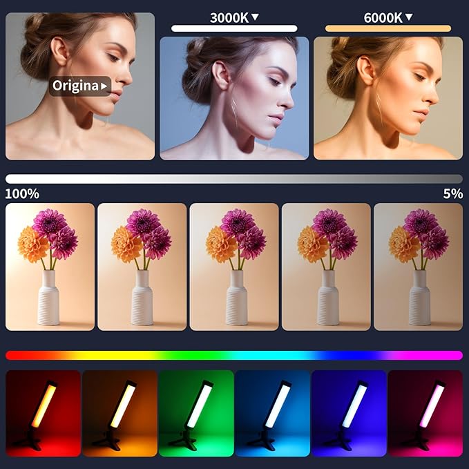 LUXCEO Handheld Light Wand, Multicolor RGB LED Video Light for Photography, 2000mAh Rechargeable Mini Light Stick Dimmable 3000K-6000K CRI95+ Professional Tube Lights for YouTube, TikTok