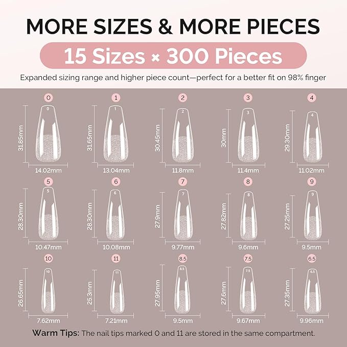 MelodySusie Long Coffin X Nail Tips - 300Pcs 15 Sizes Clear Acrylic, Half Matte Full Cover Press on Nails for DIY Extension & Salon Use,Pre-Shaped for Long-Lasting Manicure