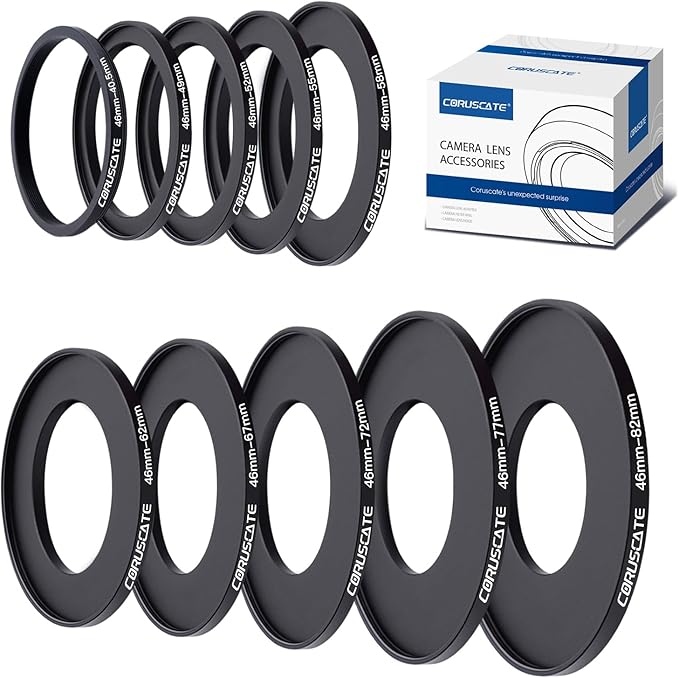 10Pcs 46mm Filter Ring Adapter Set, Lens Filter Stepping Rings for All Brands UV ND CPL (46-40.5mm,46-49mm,46-52mm,46-55mm,46-58mm,46-62mm,46-67mm,46-72mm,46-77mm,46-82mm)