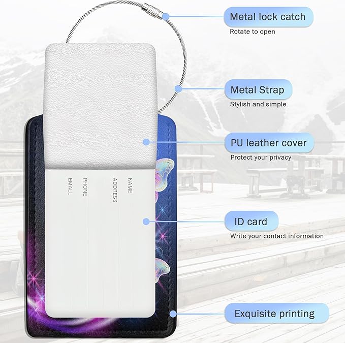 3 Pack Flying Butterfly Luggage Tags,Glowing Smoke Stars PU Leather Luggage Tags for Suitcase,Name ID Labels with Privacy Cover Suitcases and Metal Loop for Travel