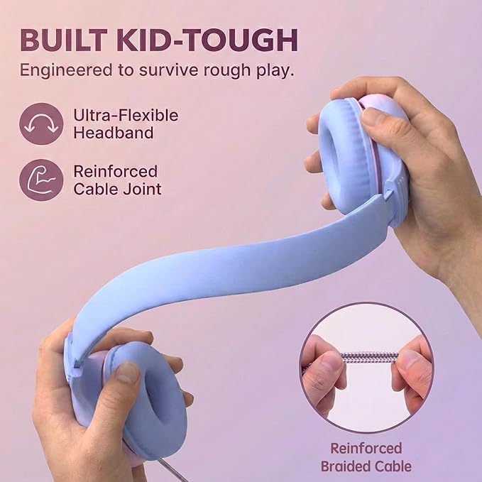Wired Kids Headphones with USB C Plug, 85dB Safe Volume, Adjustable Headband, Tangle-Free Cord Headphones for School, Tablet, Travel (Light Purple & Pink, Without Microphone)