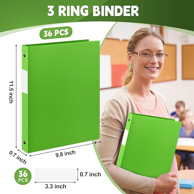 Henoyso 36 Pcs 3 Ring Binder 1/2'' Round Fits Letter Size 8.5'' x 11'' Paper Plastic Flexible Binder Holds 140 Sheets with 1 Pockets Versatile Organizer for Home Office School (Tender Green)