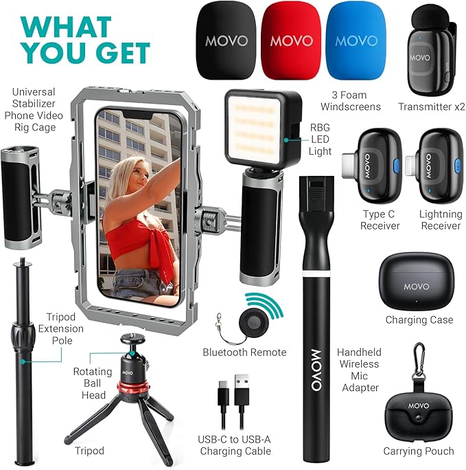 Movo iFilmer-PRO Smartphone Video Rig Kit – Stabilizer Cage with Dual Grips, Wireless Lavalier Microphones & Tripod for iPhone/Android