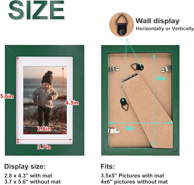 KINLINK 4x6 Frame Green, Solid Wood 4 x 6 Picture Frame with Acrylic Plexiglass for 3.5x5 with Mat, Tabletop and Wall Display Photo Frames 4x6 Green, 4 Pack