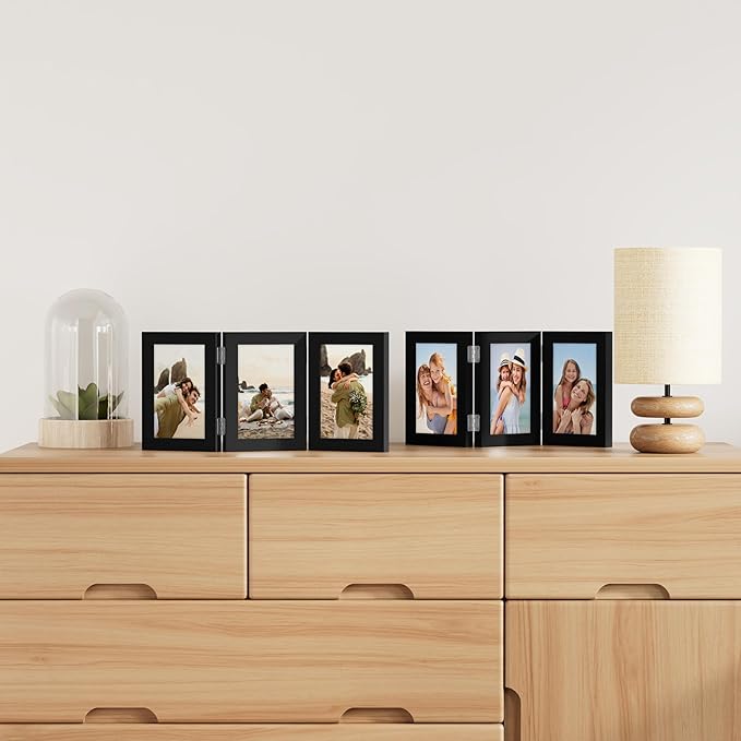 decorUhome Triple 5x7 Picture Frame Vertical, Engineered Wood Trifold Photo Frame with Plexiglass for Tabletop Display, 5x7, Black