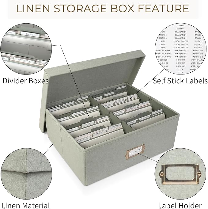 kroucoco Linen Photo Storage Box,Decorative Photo Organizer with Dividers Can Hold 1700 Photos(4x6) and Pictures,Photo Storage Containers with Lid for Cards,Stickers,Scrapbooks,Stamps,Keepsake