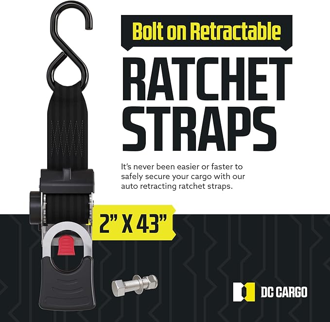 DC Cargo Mall Bolt-on Auto Retractable Ratchet Straps (2-Pack) 2” x 43", Heavy Duty, 1,809lb Break Strength – Tie Down Straps for Boat, Jet Ski, RZR, ATV