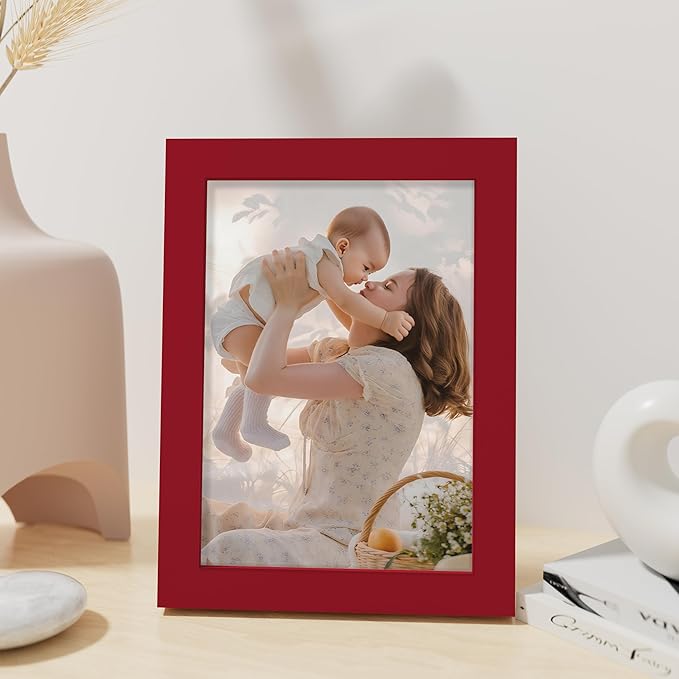 Vittanly 5x7 Picture Frame, Made of Solid Wood and Shatterproof Plexiglass, Wooden Photo Frame for Wall Mounting or Tabletop Display, Picture Frame for Home Decor with Stand, Red, 1 Pack