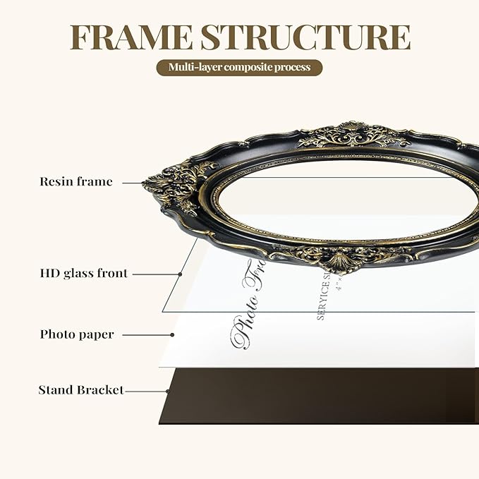 Cuspin 5x7 Picture Frame Black and Gold, Vintage Ornate Baroque Resin Photo Frame with Glass Front for Wall Hanging or Tabletop Display, Oval Frames for Horizontal or Vertical