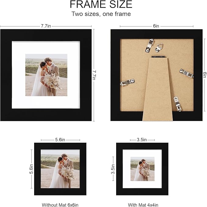 6x6 Picture Frame Set of 4, Made of Real Glass and Black Wooden Frame - Display Picture 4x4 with Mat or 6 x 6 Without Mat, 6x6 Photo for Wall or Tabletop
