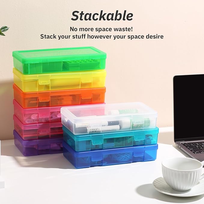 novelinks Medium Plastic Storage Boxes with Latching Lids – 9 Pack Stackable Craft Organizers for Supplies, Pencils, Crayons, Beads, Stationery & Classroom Use(9 Pack Medium -Color)
