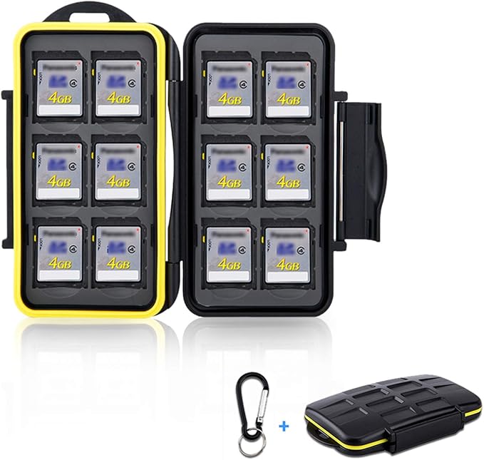 12 Slots SD Memory Card Case Storage, Water-Resistant Anti-Shock SD SDHC SDXC Card Holder Carrying Case with Carabiner