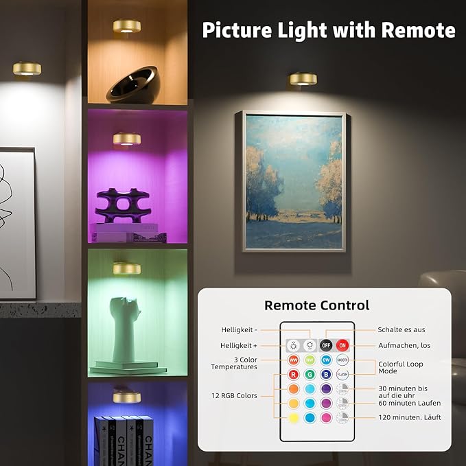 3PCS Picture Lights, Rechargeable Battery Magnetic Poster Lights with 3 Color Temps&12 RGB, Dimmable and Timer Metal Art Light for Display, Wall, Artwork, Gallery (Gold)