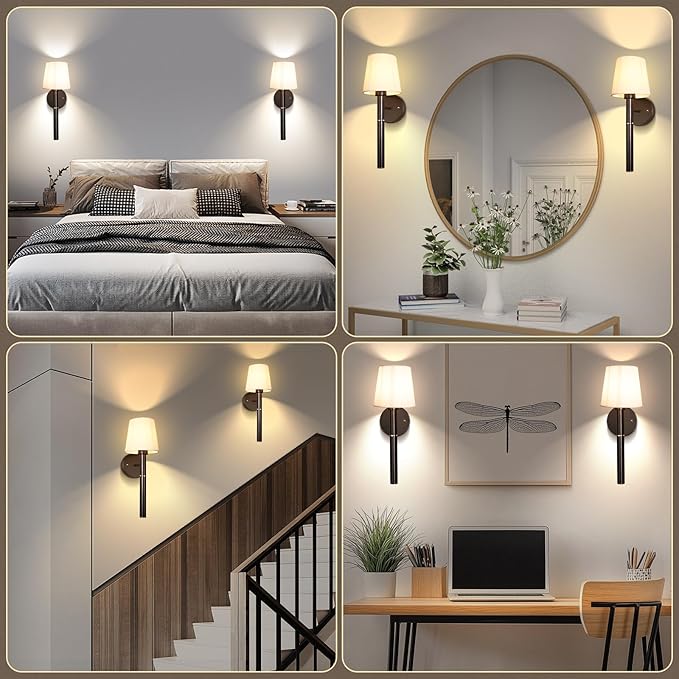 Battery Operated Wall Sconce Set of 2, 5200mAh Wireless Wall Lights with Detachable Charging Stick & Dimmable Bulbs, 3 Colors Rechargeable Wall Lamps for Bedroom Living Room Hallway Decor, Black