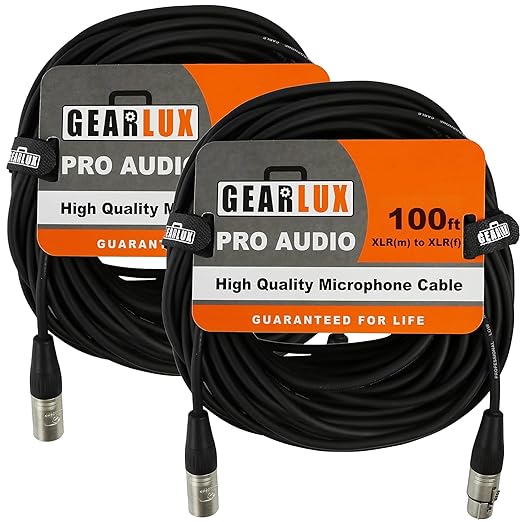 Gearlux XLR Microphone Cable, Fully Balanced, Male to Female, 100 Feet - 2 Pack