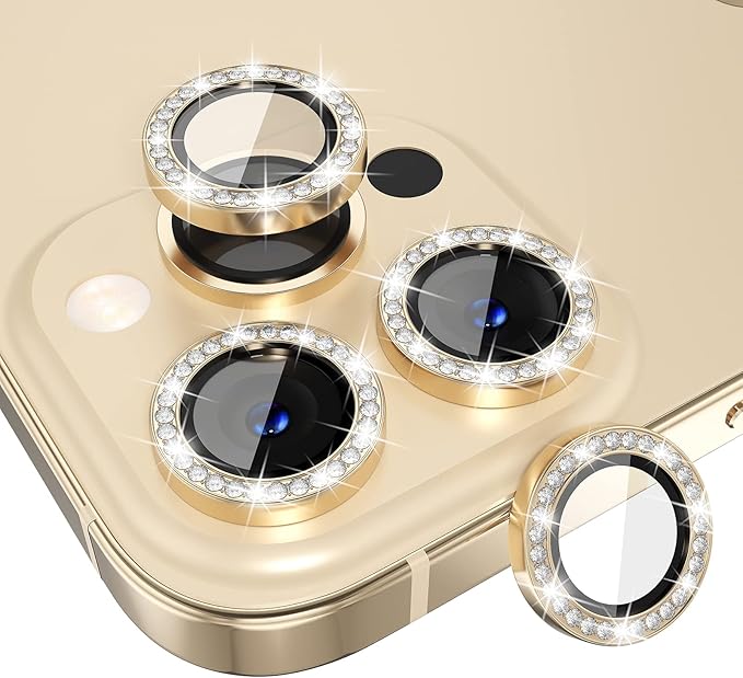 Choiche Compatible for iPhone 13 Pro/iPhone 13 Pro Max Camera Lens Protector Bling, 9H Tempered Glass Camera Cover Screen Protector Metal Ring Decoration Accessories (Diamond-Gold)