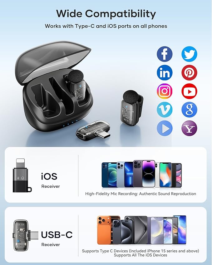 Mini 2 Wireless Lavalier Microphones for iPhone 15/16/17 & Android, 3-Level Noise Reduction, Plug & Play, 36H Battery with Charging Case, Wireless Lapel Mic for Video Recording, Vlogging