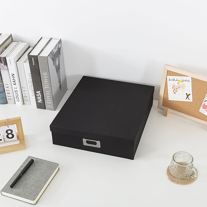 Soul & Lane Photo Storage Box with Lid, 14.8 × 13.0 × 3.7 Inches, Keepsake Memory Organizer, Cardboard Storage for Photo Albums, Scrapbooks, Artwork, Stationary, Memorabilia, Craft Supply, Black