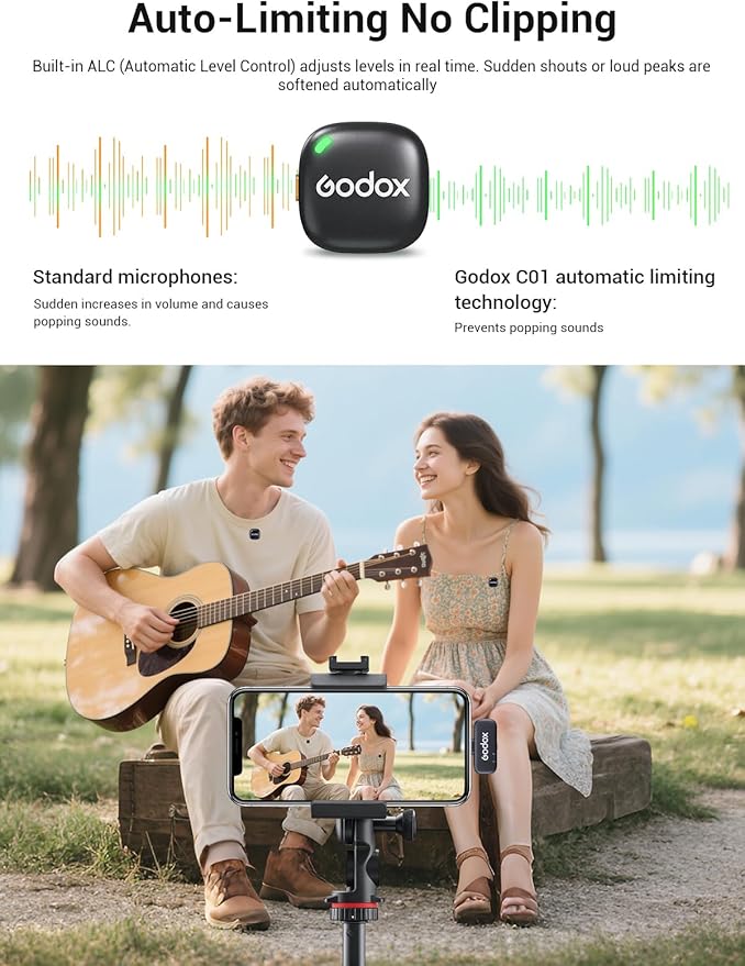 GODOX C01 KIT2 Wireless Microphone, 48kHz/24-bit Professional Lavalier Mic 60W Fast Charging Mini Microphones 7g Ultralight,54H,Noise Reduction,200M Low Latency (2TX+1RX+USB-C+Charging Case)