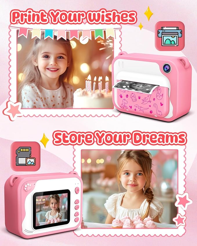 Kids Instant Print Camera for Toddlers - Ink Free Printing, Dinosaur Design, Perfect for Boys & Girls Aged 3-12 (Pink)