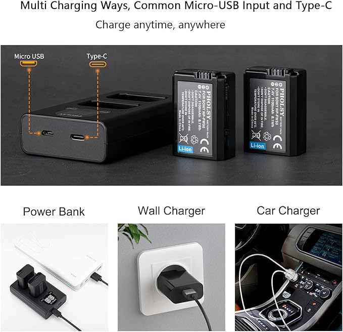 PHOLSY 2-Pack NP-FW50 Batteries NP-FW50 Battery Charger BC-TRW Compatible with Sony ZV-E10 a7SM2 a7RM2 a7M2 a6500 a6400 a6300 a6100 a6000 a5100 a5000 a3500 NEX7 NEX6 NEX5 NEX3 a55 a37 a35 RX10M4 RX10