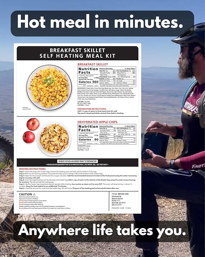 Heaven's Harvest Self-Heating Emergency Meal Kit (10 Year Shelf Life) — Tastier than MRE Meals & Ready-To-Eat in Minutes! Just add water to activate the “cooking” process. (Breakfast Skillet) (Single)