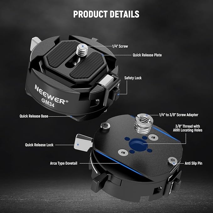 NEEWER GM34 Camera Quick Release Plate Kit, Quick Switch Auto Lock Square QR Mount Plate with Arca Type Clamp Base, Compatible with Arca Swiss Camera Clip, Max Load 11lb/5kg