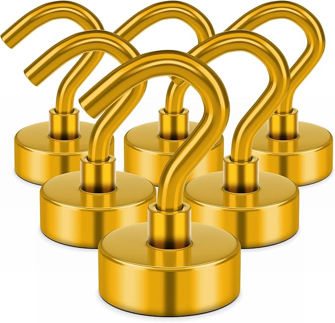 FINDMAG Magnetic Hooks for Cruise Cabins, 30lbs Powerful Magnets with Hooks, N52 Rare Earth Magnetic Hooks for Hanging, Strong Magnet Hooks Heavy Duty for Kitchen, Workshop, Tool, Travel, 6 Pack, Gold