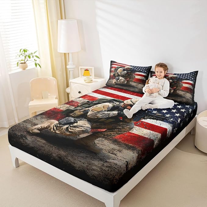 American Flag Sheet Sets for Adult Teens Boys Camo Soldier Flat Sheet Kids Men Vintage Usa Flag Top Sheet Military Camouflage Grunge Stripes Bed Sheet,1 Flat Sheet+1 Fitted Sheet+2 Pillowcases,Full
