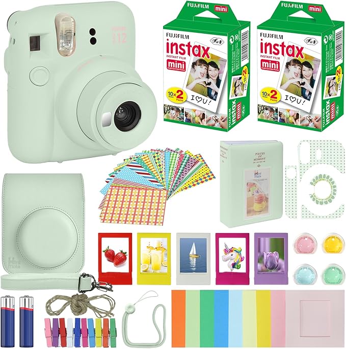 Fujifilm Instax Mini 12 Instant Camera Mint Green + Carrying Case + Fuji Instax Film Value Pack (40 Sheets) Accessories Bundle, Color Filters, Photo Album, Assorted Frames