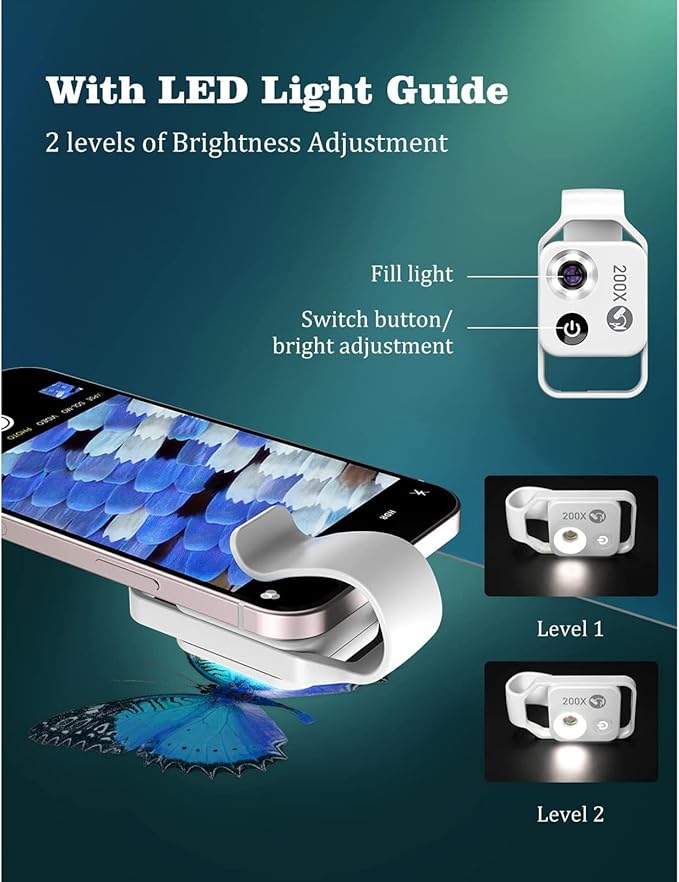 flexman 200X Mini Phone Microscope with CPL Lens, USB Rechargeable Pocket Microscope with Universal Phone Clip, Digital Microscope Camera Attachments for Smartphones(White)