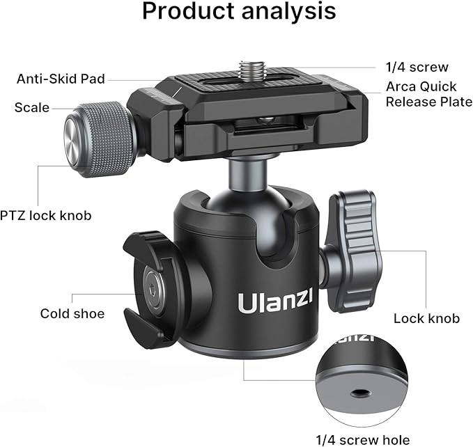 ULANZI U-80L Metal Ball Head Camera Mount Arca Swiss 360 Rotating with Quick Release Plate & Cold Shoe, 22lbs/10kg Load for 1/4" Tripod, Monopod, DSLR