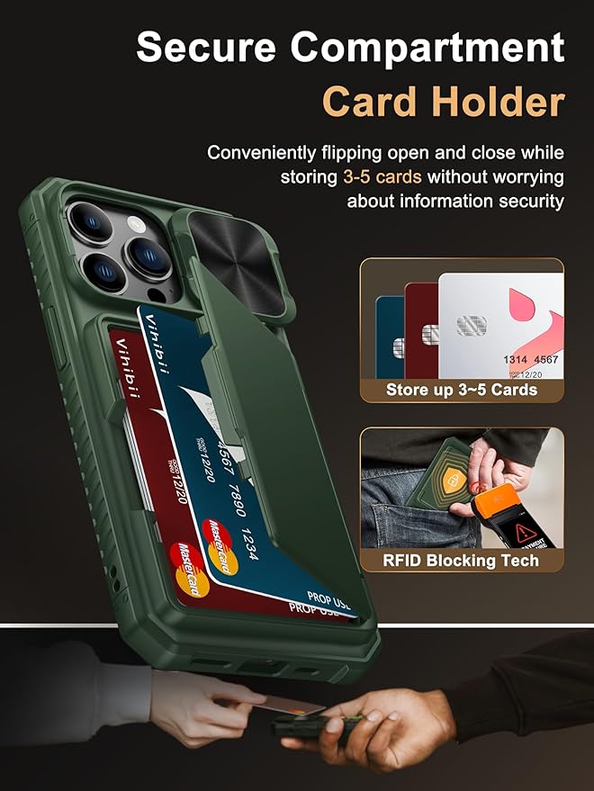 Vihibii for iPhone 13 Pro Wallet Case with Card Holder (4 Cards), [RFID Blocking] & Slide Camera Cover & Raised Edges Protect Screen, Shockproof Rugged Phone Cover for iPhone 13 Pro, 6.1", Green