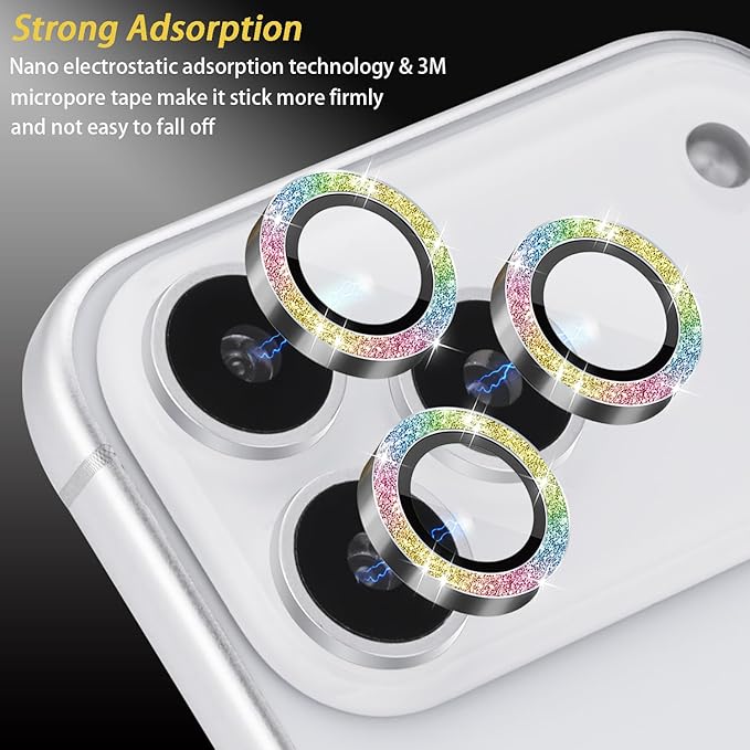 Camera Lens Protector for iPhone 17 Pro/17 Pro Max, Aluminum Alloy Tempered Glass Lens Protector with Installation Frame Fits for iPhone 17 Pro/17 Pro Max (Glitter Colorful)