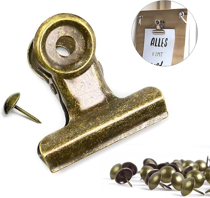 YUCHIYA 10 Pack Bulldog Clips with 10 Push-pins, Paper File Clips with Strong Spring, Large Metal Binder Clips, Seal Clamps for Coffee Tea Food Bags(Bronze,2inch)