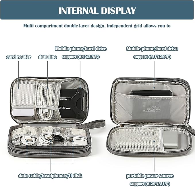 ULLiaN Electronics Travel Organizer Case, Double Layers Tech Pouch Accessories Cord Storage Bag with 2 PCS Data Silicone Ties Portable Cable Bags for Charger Phone Power Bank Sd Card Cables, Grey