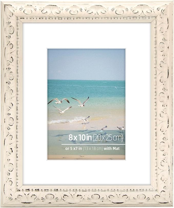 8x10 inch Distressed Wood Embossed Scroll Motif Vintage Antique Rustic Picture Frame, White Mat for 5x7 in Photo, Art Print Drawing, Wall Hanging or Desktop Display-Washed White