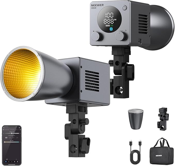 NEEWER 60W Mini LED Video Light with 50Wh Battery/100W PD Fast Charging, APP/2.4G Control/NFC, Bi Color Dimmable COB Studio Continuous Output Lighting 44,800 lux/1m 2700-6500K CRI97+ 12 Scenes, HB60B