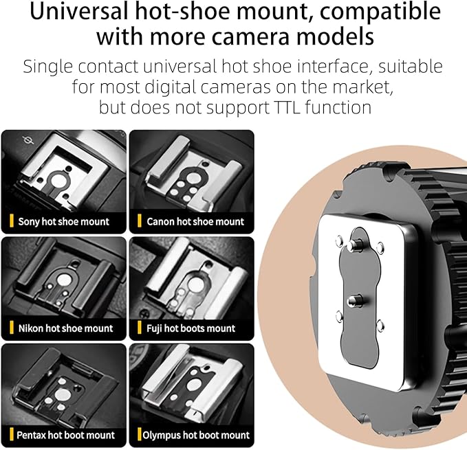 Mini Camera Flash Speedlite, GN10 6000K On-Camera Flash with Video Light, 4 Power Levels, Universal Single Contact Hot Shoe Mount, Compatible with Sony Canon Nikon Fuji Panasonic Pentax Olympus