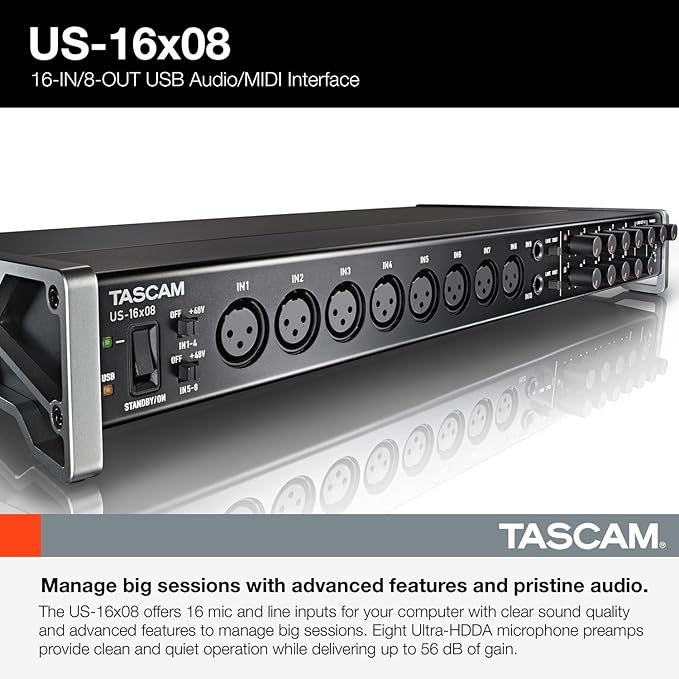 Tascam US-16x08 Rackmount USB Audio/MIDI Interface for Recording, Drum Recording, 8 XLR/8 1/4" Inputs, 8 Outputs, Control Software,Black