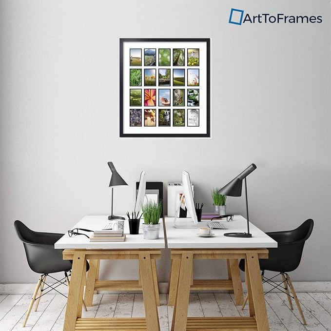 ArtToFrames Collage Photo Frame Double Mat with 20-4x6 Openings with Satin Black Frame and Super White mat.
