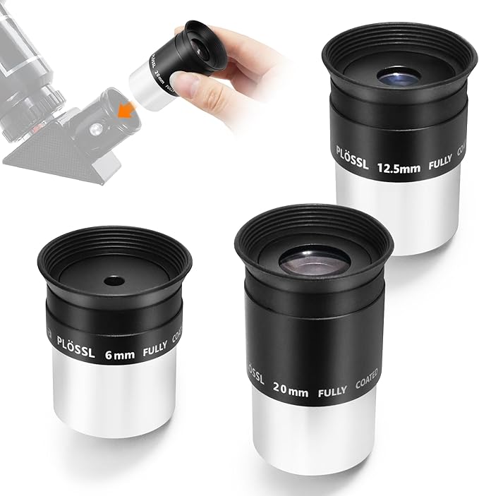 Astromania Telescope Eyepiece Set 1.25 Inch, Plossl Eyepiece Kit Includes 6mm 12.5mm 20mm Telescope Lense 4-Element Fully Multi-Coated & Filter Thread, Telescope Accessory Kit for Astronomy Telescopes